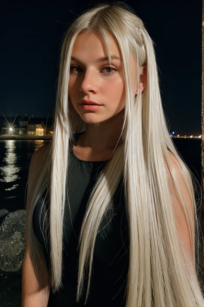 RAW photo of blonde girl white straight hair. Hunter eyes. At the dark beach at the night. Front viev