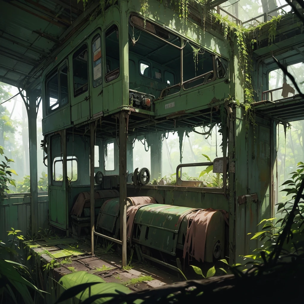 In the dense forest, among the lush green foliage, lies a scene of decay and abandonment. A road bus, Once a symbol of travel and adventure., now lies completely forgotten. Its metal casing is covered in rust., that slowly consumes its structure. Windows that once revealed stunning views are now fogged and broken, obscuring any view of the interior. The wheels are partially sunk in the ground., Silent witnesses to the passage of time.. Climbing plants found refuge in its borders, wrapping it in a green web of vegetation. Heavy, The humid air of the forest contrasts with the atmosphere of abandonment and loneliness that surrounds the vehicle.., creating an image of melancholy and desolation.