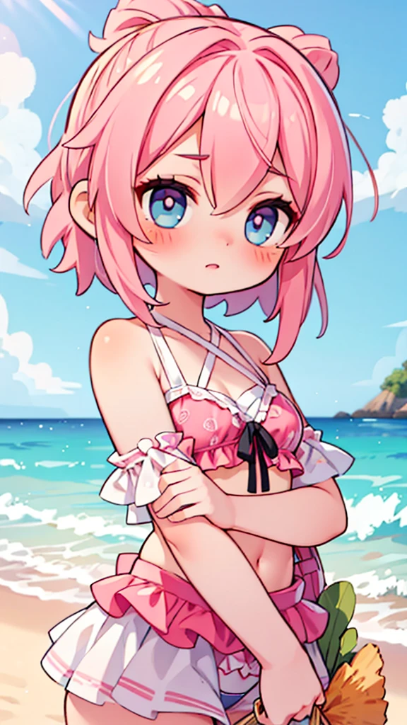 2d, masterpiece, best quality, anime, highly detailed face, highly detailed eyes, highly detailed background, beach lighting, 1girl, solo, upper body, pink hair, two piece bikini, blushing, sandy beach background