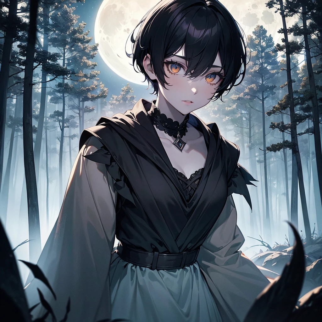 1 woman, black pixie cut hair, pale skin, small mouth, small amber eyes, witch costume, full moon in sky, dark forest backdrop, ethereal, moody lighting, cinematic, dramatic, fantasy, magic, occult, supernatural, hyper detailed, intricate, masterpiece, ultra-detailed, 8k, photorealistic, cinematic lighting, dramatic shadows