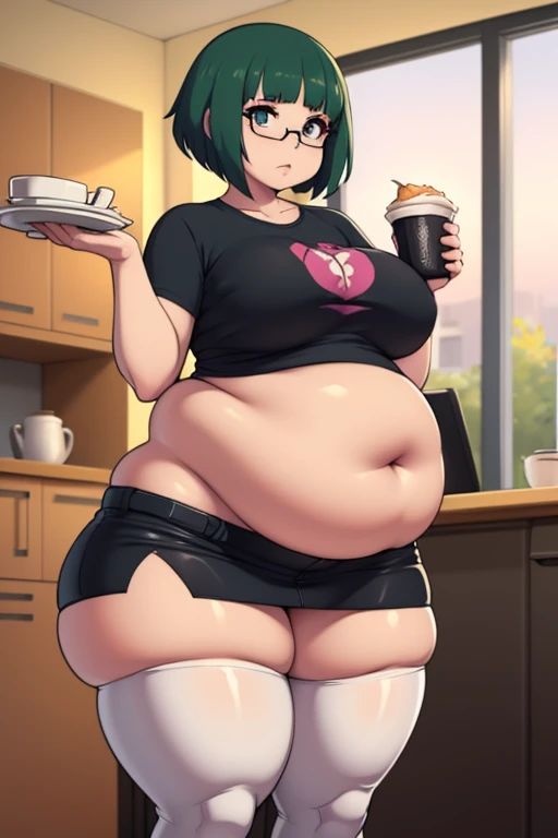 araffe in a green booty shorts bending over in a kitchen , insanely inflated hips, hyperrealistic full figure, she has a small jiggly fat round belly, thicc, blob anime, exaggeratedly large physique, fubuki, photorealistic full body, fat woman, body swelling about to explode, extremely plump, giantess art