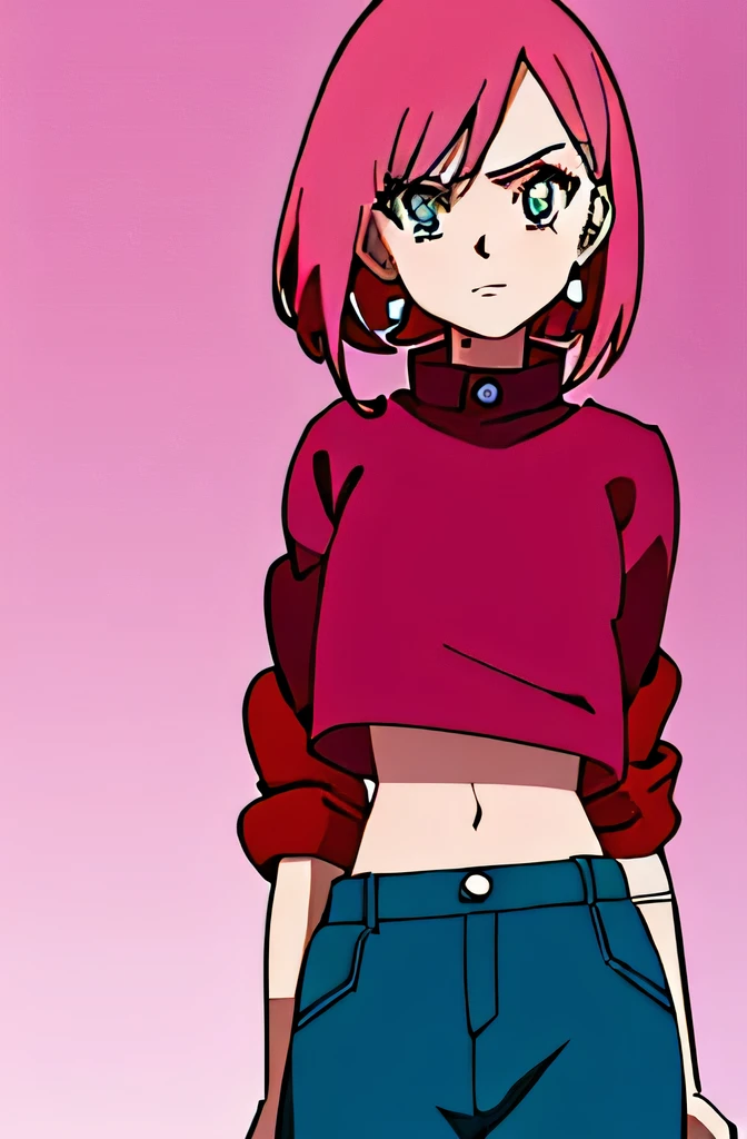 13 year old girl Anime Shonen Style Design,retro clothes, bizarre creative design, short bright pink hair, blue sky eyes, shonen style outfit