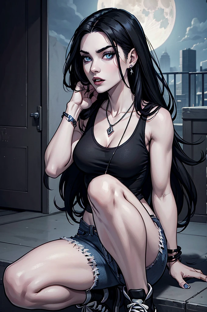 a vampire girl named Alu, with long black hair, bright blue eyes, pale skin. She wears a black tank top, jeans and all star sneakers. She wears a necklace with a moon pendant.