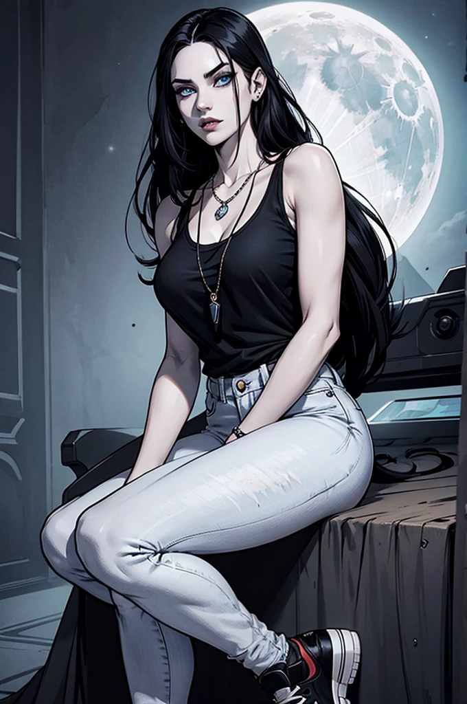 a vampire girl named Alu, with long black hair, bright blue eyes, pale skin. She wears a black tank top, jeans and all star sneakers. She wears a necklace with a moon pendant.