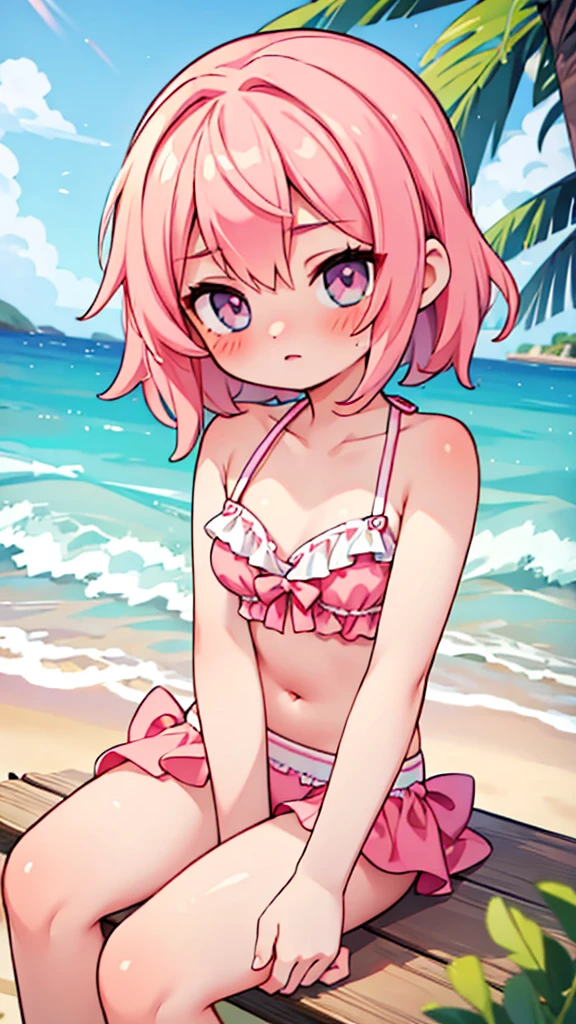 2d, masterpiece, best quality, anime, highly detailed face, highly detailed eyes, highly detailed background, beach lighting, 1girl, solo, upper body, pink hair, two piece bikini, blushing, sandy beach background, sitting 