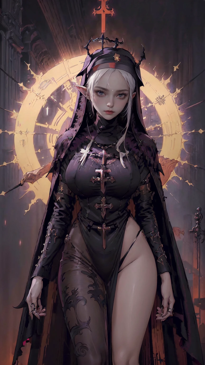 ((A masterpiece of modern digital ANIME art in 2.5 D style).(artstation in 8K).(Best image quality with high resolution).(Beautiful and skillful image composition).(Beautiful perspective of the image).(Accent in portrait style)).(Semi portrait style) ((Beautiful dark elven girl with dark skin and Pointed ears))(25 years old),((Long hair, voluminous hair , A stern look )),((Aesthetic body:1.4)),((Massive horns and halo on head)),((Wear an а gothic nun's robe with dark matte colors:1.3)),Dark colors of clothing ,