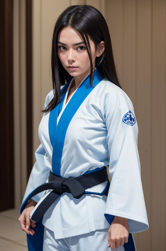 white woman with dark hair wearing a jiu jitsu kimono and a blue belt disney pixar