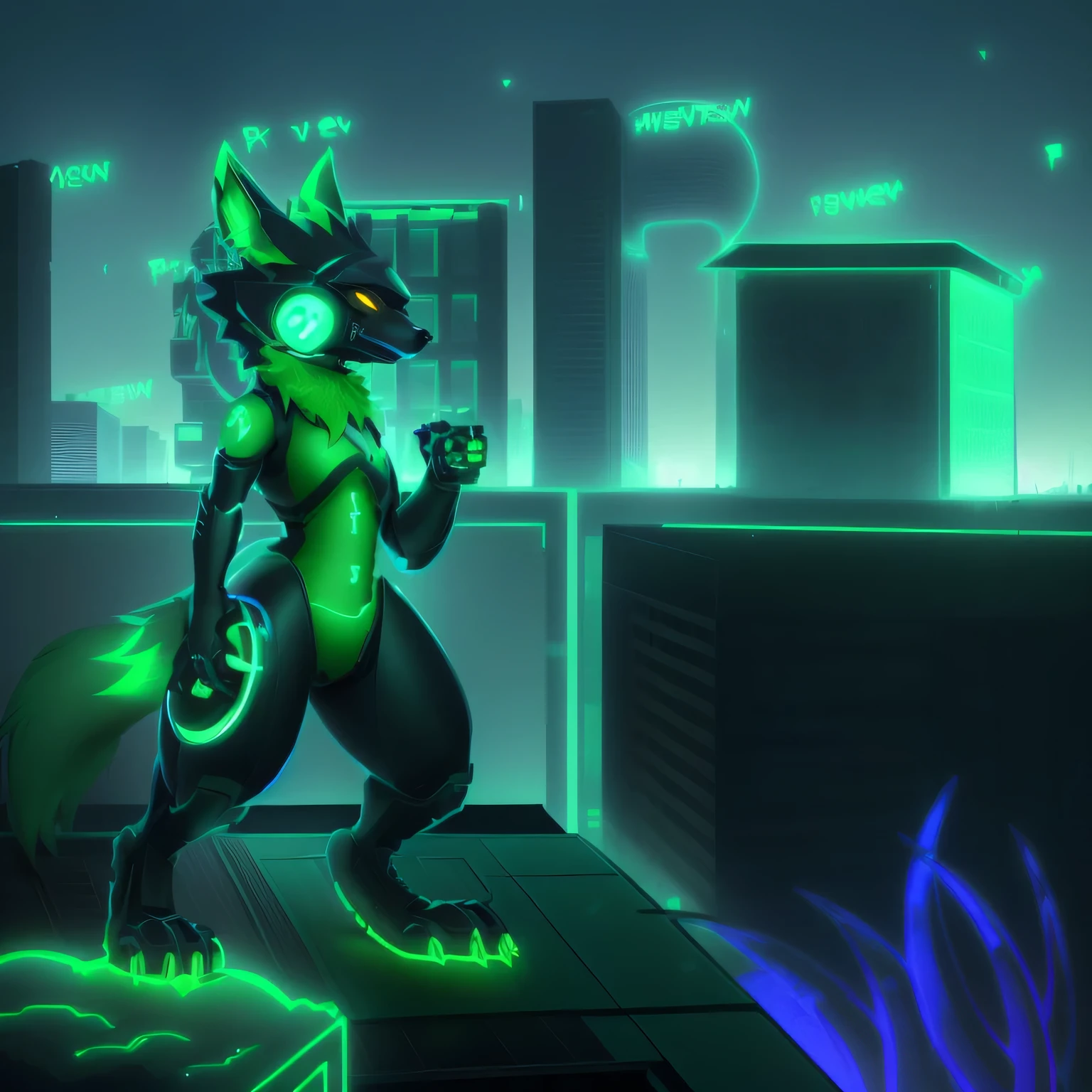 Cartoon illustration of a green monster, that runs down the street, an anthropomorphic cyberpunk fox, digital green fox, Fursona Furry Art Commission, stylized urban fantasy artwork, weirdcore voidpunk fursona, Fursona commission, standing on a roof, master chief in cyberpunk city, on a roof, city roof, city in the background, on a roof