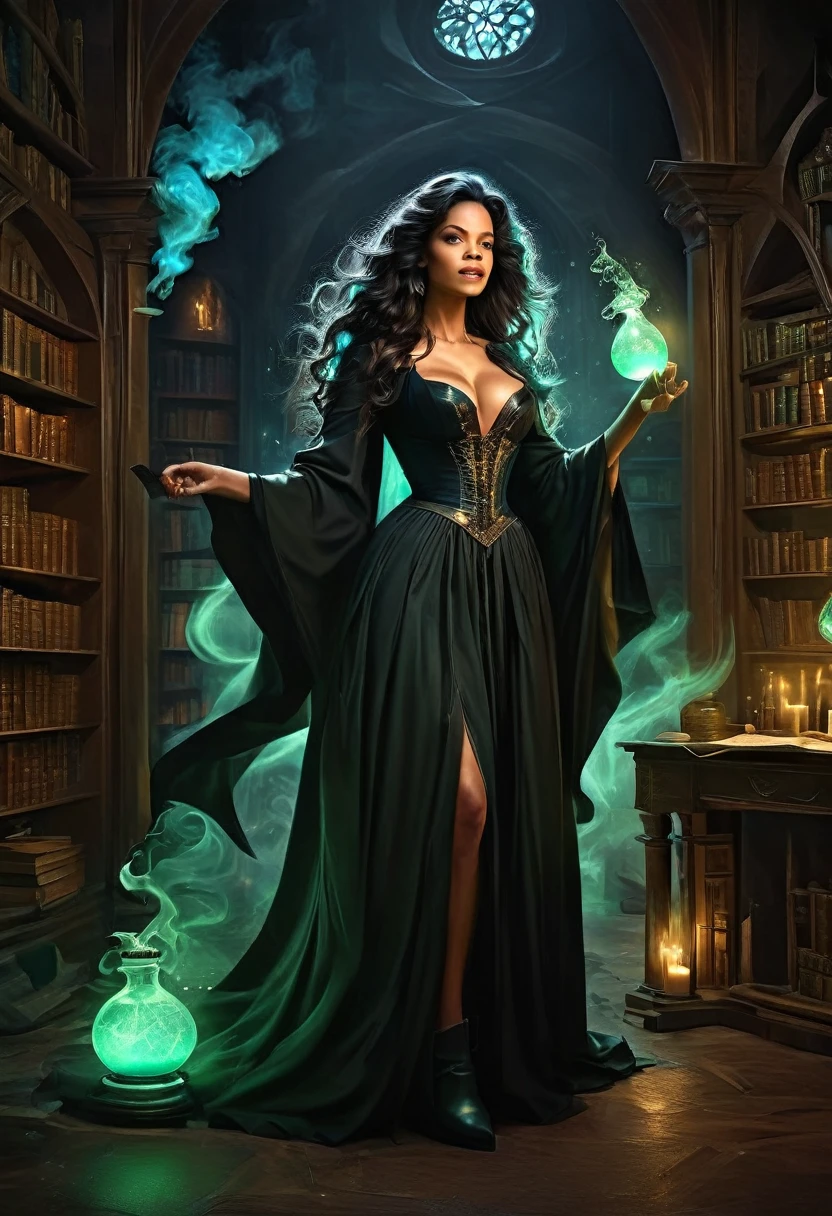 a sorceress casting a AlchemyPunkAI spell in magical library exquisite beautiful human woman ((full body shot: 1.5)), ((anatomically correct: 1.5)) (ultra detailed face: 1.2), dynamic skin complexion, dynamic hair style, dynamic hair color,  she is wearing a long dark dress, intricate dark dress, small cleavage, long white cloak, (high heeled boots: 1.3) fantasy magical laboratory, books, potions, and magical study items,  background,  vibrant, Ultra-high resolution, High Contrast, (masterpiece:1.5), highest quality, Best aesthetics), best details, best quality, highres, 16k, [ultra detailed], masterpiece, best quality, (extremely detailed) RAW,fantasy art, dnd art, fantasy art, realistic art,  (ultra details, Masterpiece, best quality), AlchemyPunkAI, Cinematic Hollywood Film