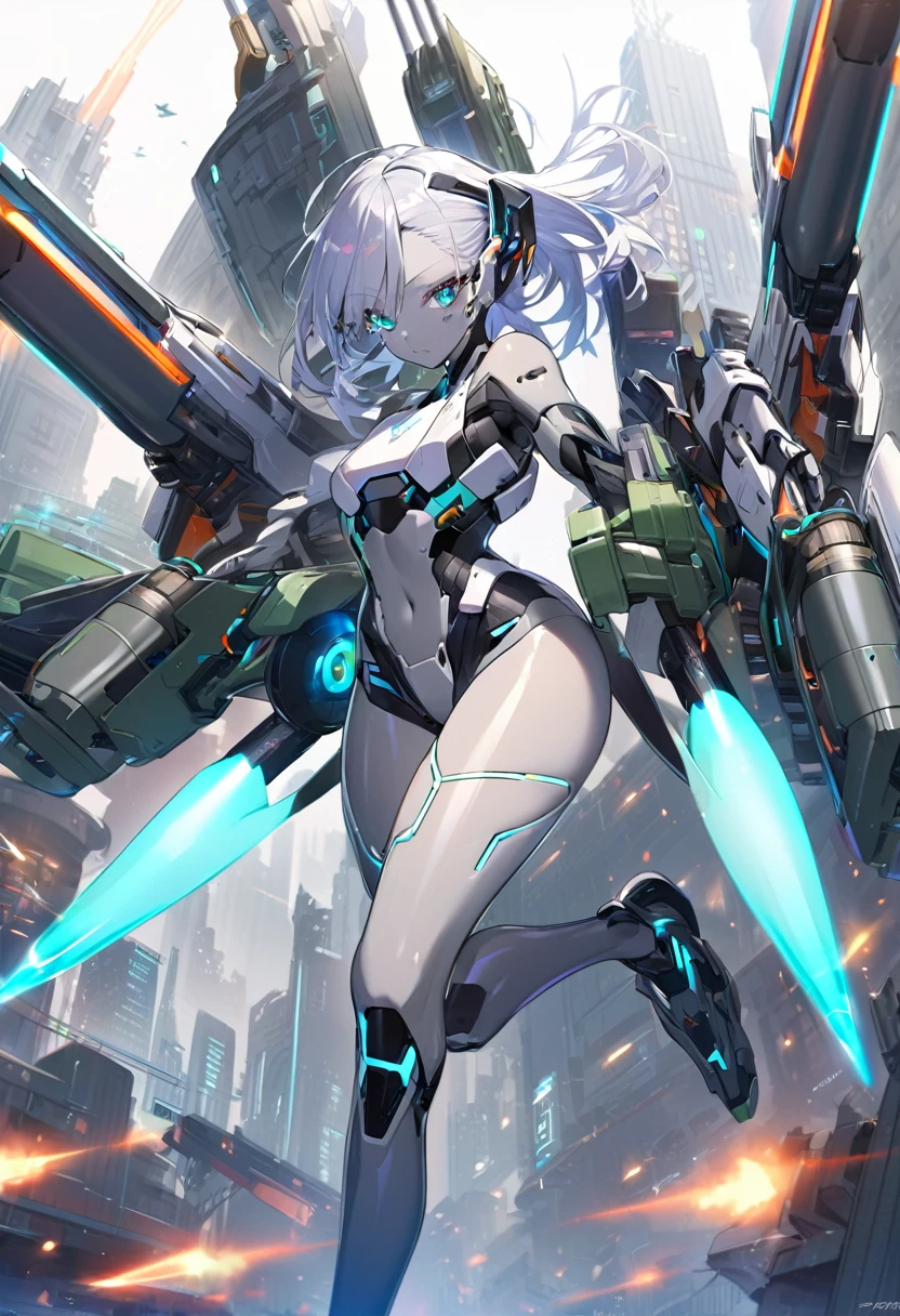 science fiction, android girl(metallic skin, cyber joint), legs booster, arm blade, wing, missile launcher, beam cannon