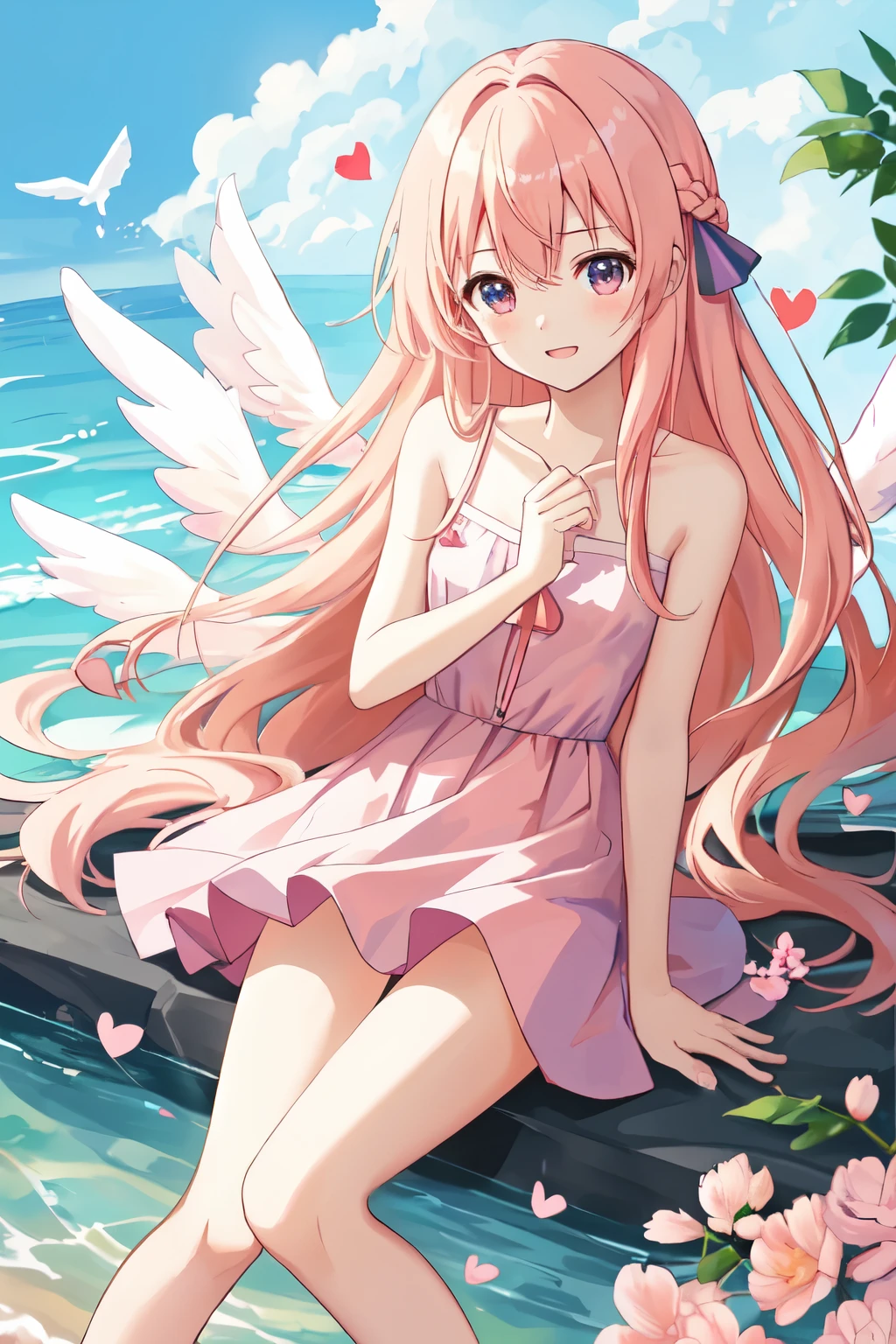 1_girl, (anime, kawai:2), (masterpeice, best_quality, clean:1.5), (sky_background:1.2), (cute, cute_smile, wholesome, young:1.8), (delicate, extremely_delicate, beautiful, thin:1.5), (girlfriend, angel:1.8), (green_eyes, simple_eyes:1.8) (long_hair, blond_hair:1.8), (wearing_pink_dress, pink_angel_wings:1.8), (combat:1.2), extremely_delicate, (love_magic:1.5), (age_size_fits_body), (small_thighs:1.3), (breasts), (eye_level:1.3), (heart_magic, love:1.5), (warm:1.8), (folded_legs:1.5)