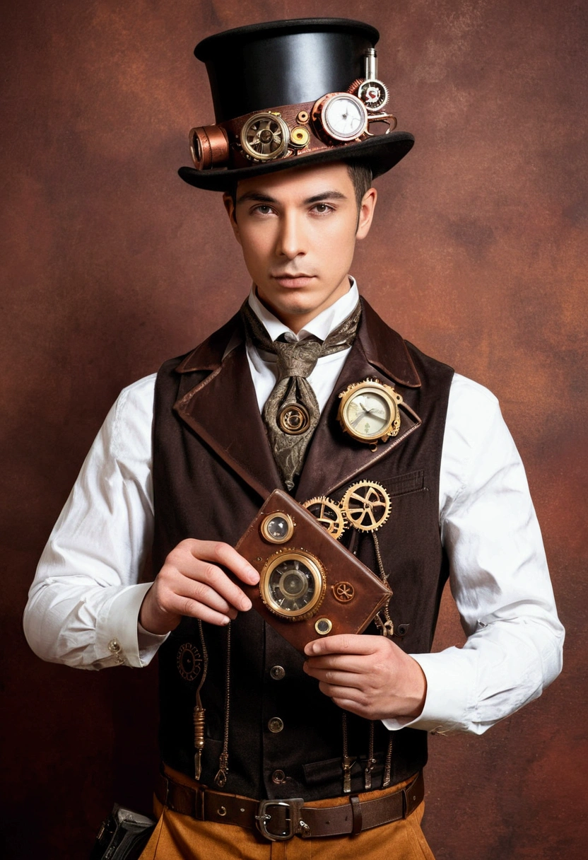 There is a man in a Steam Punk hat and with a Tomorrowland ticket in his hands., chico steampunk, with steampunk costumes, Steampunk inventor boy, (steampunc), ( steampunc ), steampunk style, steam punk, steampunk fiction, steampunk aesthetic, steampunk anime man, steampunc, steampunk fantasy, estilo de steampunk fantasy, art steampunk, Arte digital Steampunk, Ropa steampunk