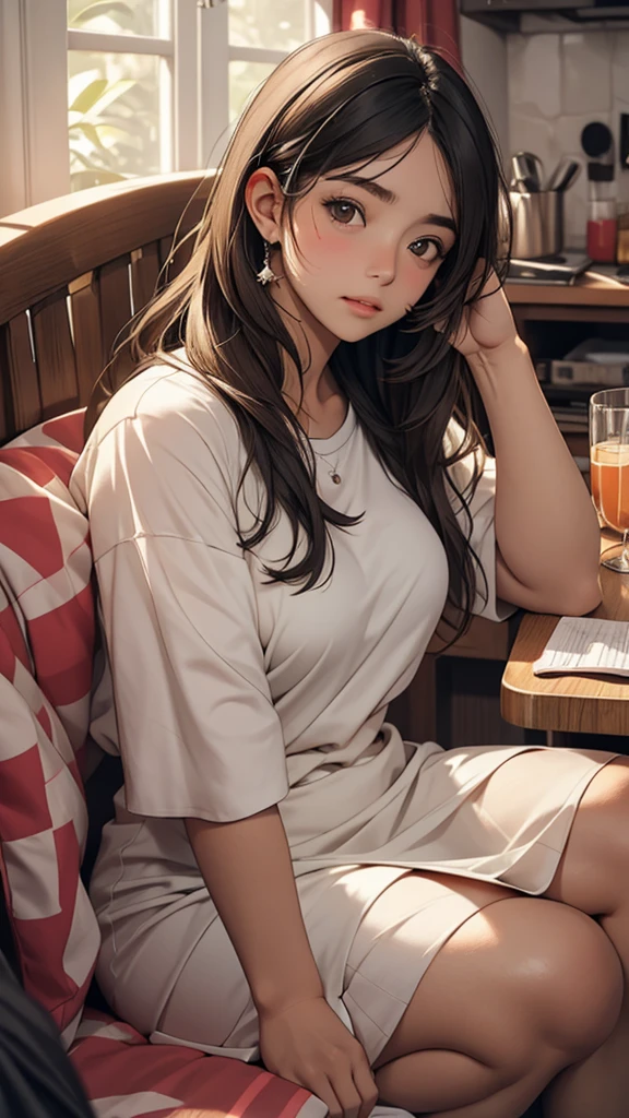 A lazy girl with dark circles under her eyes, nervous and a little fat,