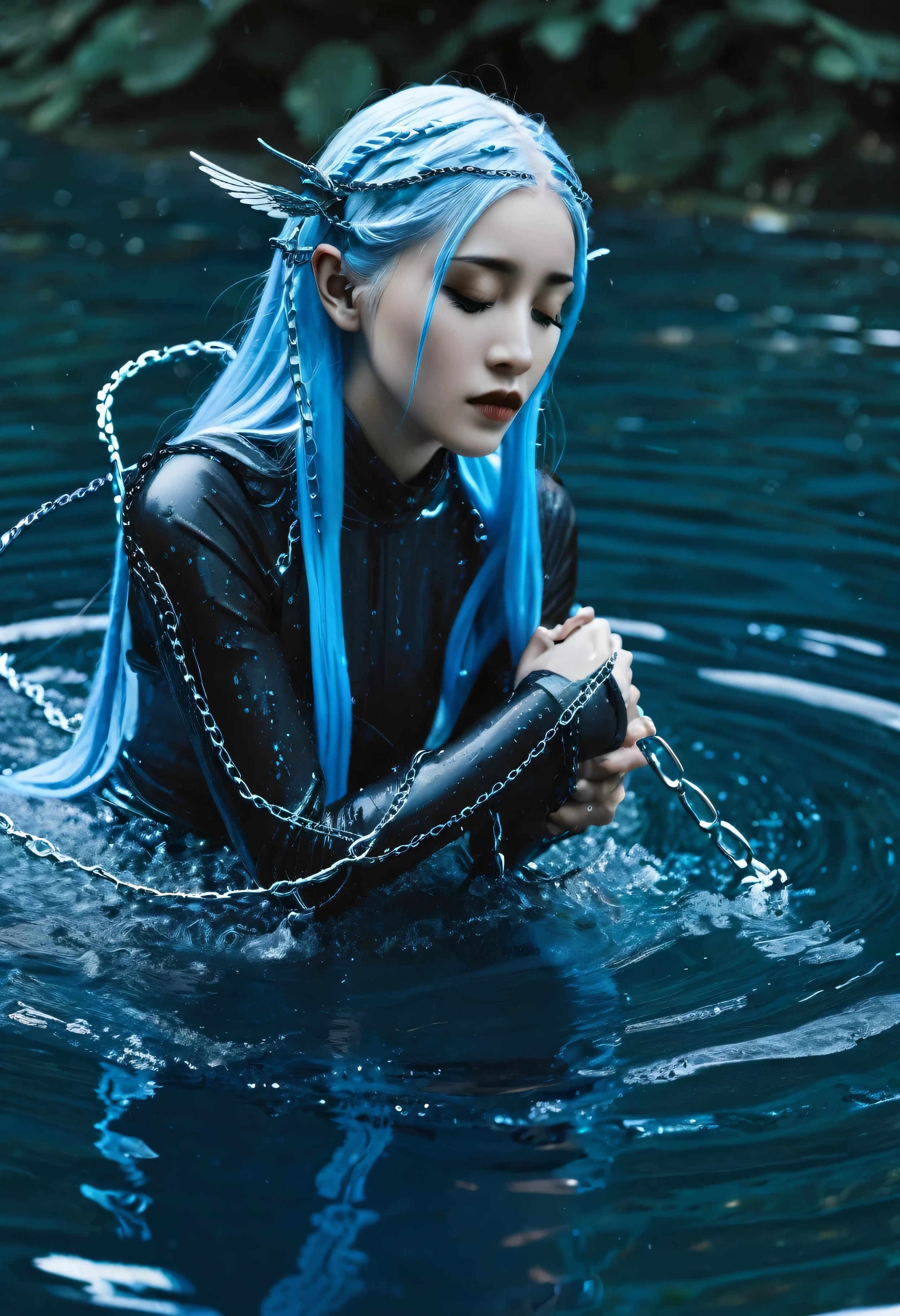 Woman with dark blue skin, and light blue hair, mourning ,floating, water chain links bind your wrists, prle blue water wings.
