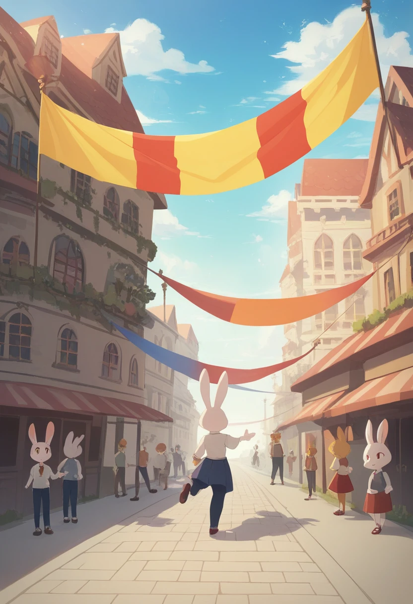 ((Masterpiece)), ((Best Quality)), (Very Detailed), ((Very Detailed)), 4K, (8K), very aesthetic, absurdres highres, 1 girl, (anthropomorphic Rabbit, furry, kemono:1.5), A scene in which runners run while holding the torch high in the sunset, with a cityscape in the background. Warm light illuminates the flames of the torches, and the faces of the runners show determination and pride. Many people gathered along the road, waving flags and cheering with hope and pride. In the background are historical buildings and modern buildings, giving you a sense of the city's vibrancy. The sky at sunset turns orange and pink, creating a warm atmosphere overall.