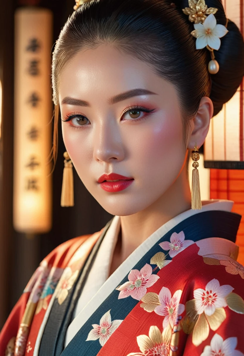 1girl, slicked back hair, beautiful detailed eyes, beautiful detailed lips, extremely detailed face and features, delicate features, flawless skin, warm lighting, cinematic lighting, dramatic lighting, intricate kimono, traditional japanese clothing, ornate accessories, serene expression, peaceful, elegant, graceful, soft focus, vibrant colors, detailed textures, (best quality, 8k, highres, masterpiece:1.2), (realistic, photo-realistic:1.37)