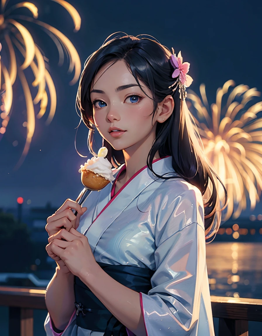 Detailed textures, high quality, high resolution, high accuracy, realism, color correction, correct lighting settings, harmonious composition. anime style, super fine illustration, highly detailed, dynamic angle, beautiful detailed, 8k, On a summer night at a lively summer festival, BREAK a woman, dressed in a cool yukata, holds a spoon and eats shaved ice with seven-colored syrup deliciously, her expression enjoyable. BREAK In the background, fireworks decorate the night sky.