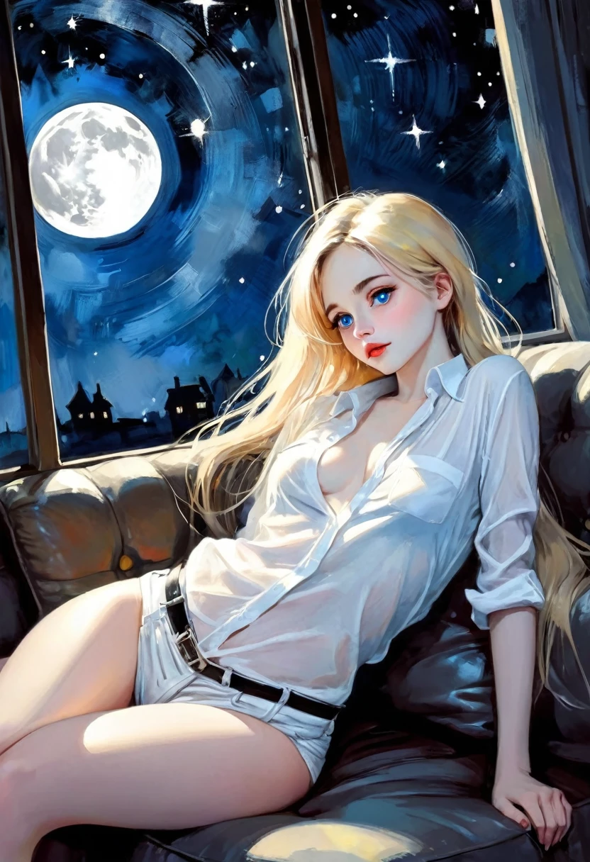 very sexy girl, long blonde hair, very small breasts, on a sofa, wearing only an open white shirt, open shirt, showing breasts, very thin, ✨🤟😁🤗😍😆👍🙌✨👩‍👩‍👦‍👦sex sex sex✨✨ ❗ 🙏😁❤, orgasm, sexy and powerful composition, emotional impact ((from below)), magic, fantastic, night sky window, moon, stars, background, alone, very beautiful, cute, adorable, embarrassed, alone, blue eyes, white skin, Glowify (simple oil painting in the style of Bill Sienkiewicz) black and white image
