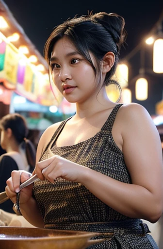 Photo of a Javanese woman (slightly overweight, slightly curvy, plump) with long black hair ((low messy bun), (sweat dripping down her face and hair) in very detailed and very realistic manner), wearing a white tank top wet with sweat and dyed brown batik cloth tied around it. around his waist. cooking at the night market (looking at the camera), he is stirring fried rice in a big wok with a serious expression on his face. The atmosphere of this night market looks busy with many people, both men and women, wearing casual clothes. Several people were seen watching the woman cook. The lighting in this image is dominated by a light bulb hanging above the woman, providing a warm lighting effect that accentuates her and creates shadows around her. In the background, you can see the atmosphere of a night market with rows of stalls and crowds of people doing activities. This image shows daily life at a night market full of activity and social interaction, Surrealism, 8k, super detail