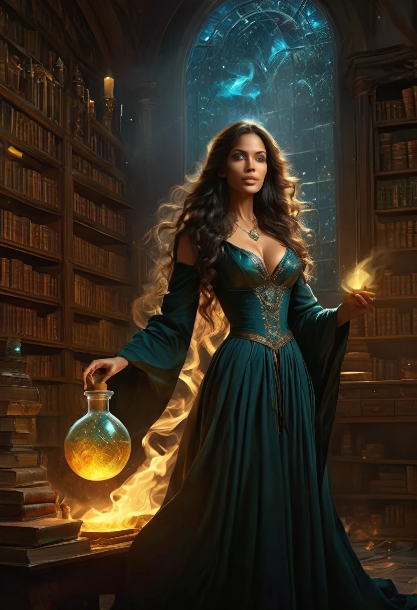 a sorceress casting a AlchemyPunkAI spell in magical library exquisite beautiful human woman ((full body shot: 1.5)), ((anatomically correct: 1.5)) (ultra detailed face: 1.2), dynamic skin complexion, dynamic hair style, dynamic hair color,  she is wearing a long dark dress, intricate dark dress, small cleavage, long white cloak, (high heeled boots: 1.3) fantasy magical laboratory, books, potions, and magical study items,  background,  vibrant, Ultra-high resolution, High Contrast, (masterpiece:1.5), highest quality, Best aesthetics), best details, best quality, highres, 16k, [ultra detailed], masterpiece, best quality, (extremely detailed) RAW,fantasy art, dnd art, fantasy art, realistic art,  (ultra details, Masterpiece, best quality), AlchemyPunkAI, Cinematic Hollywood Film