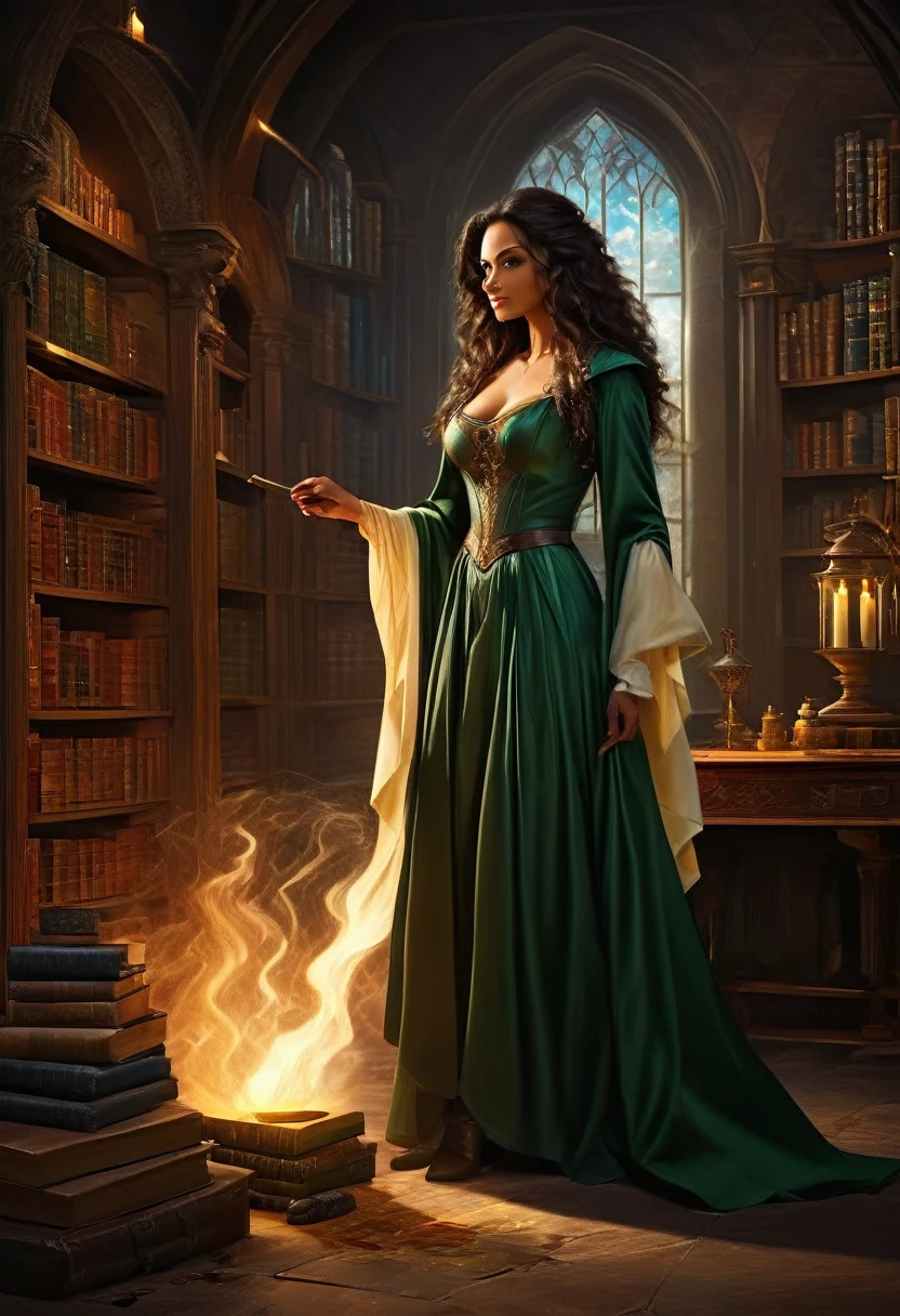 a sorceress casting a AlchemyPunkAI spell in magical library exquisite beautiful human woman ((full body shot: 1.5)), ((anatomically correct: 1.5)) (ultra detailed face: 1.2), dynamic skin complexion, dynamic hair style, dynamic hair color,  she is wearing a long dark dress, intricate dark dress, small cleavage, long white cloak, (high heeled boots: 1.3) fantasy magical laboratory, books, potions, and magical study items,  background,  vibrant, Ultra-high resolution, High Contrast, (masterpiece:1.5), highest quality, Best aesthetics), best details, best quality, highres, 16k, [ultra detailed], masterpiece, best quality, (extremely detailed) RAW,fantasy art, dnd art, fantasy art, realistic art,  (ultra details, Masterpiece, best quality), AlchemyPunkAI, Cinematic Hollywood Film