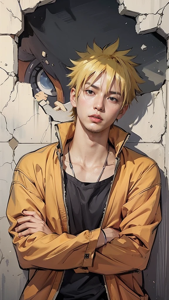 In the foreground stands Naruto Uzumaki, a spirited young ninja whose presence commands attention. His spiky blond hair, reminiscent of sunlit golden threads, frames a face marked by determination and strength. His azure eyes gleam with unwavering resolve, reflecting the turbulent journey he has undertaken.

Adorned in an orange jacket that symbolizes his fiery spirit, Naruto exudes an air of confidence even in the face of adversity. Underneath, a black shirt hints at the depth of his character, contrasting sharply with the vibrant hue of his outer garment. Across his cheeks, distinctive whisker-like marks tell a tale of heritage and destiny, marking him as a vessel of great power.

Despite his serious expression and arms crossed in contemplation, there's a hint of youthful impetuosity that defines Naruto. His posture, a blend of readiness and introspection, speaks of his readiness to confront challenges head-on. The cracked wall behind him, with a gaping hole revealing another character's face, symbolizes both past battles and the future trials that await.

The color palette, dominated by muted tones, emphasizes Naruto's vivid attire and hair, drawing attention to his central role in the scene. Each element—the determined gaze, the iconic jacket, the symbolic markings—contributes to the narrative of a young hero poised to carve his legend in the annals of ninja history.