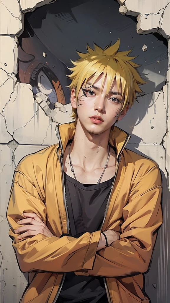 In the foreground stands Naruto Uzumaki, a spirited young ninja whose presence commands attention. His spiky blond hair, reminiscent of sunlit golden threads, frames a face marked by determination and strength. His azure eyes gleam with unwavering resolve, reflecting the turbulent journey he has undertaken.
Adorned in an orange jacket that symbolizes his fiery spirit, Naruto exudes an air of confidence even in the face of adversity. Underneath, a black shirt hints at the depth of his character, contrasting sharply with the vibrant hue of his outer garment. Across his cheeks, distinctive whisker-like marks tell a tale of heritage and destiny, marking him as a vessel of great power.
Despite his serious expression and arms crossed in contemplation, there's a hint of youthful impetuosity that defines Naruto. His posture, a blend of readiness and introspection, speaks of his readiness to confront challenges head-on. The cracked wall behind him, with a gaping hole revealing another character's face, symbolizes both past battles and the future trials that await.
The color palette, dominated by muted tones, emphasizes Naruto's vivid attire and hair, drawing attention to his central role in the scene. Each element—the determined gaze, the iconic jacket, the symbolic markings—contributes to the narrative of a young hero poised to carve his legend in the annals of ninja history.