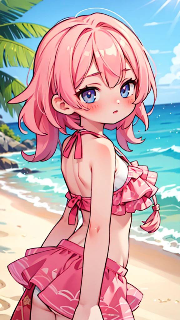 2d, masterpiece, best quality, anime, highly detailed face, highly detailed eyes, highly detailed background, beach lighting, 1girl, solo, upper body, pink hair, two piece bikini, blushing, sandy beach background, back turned