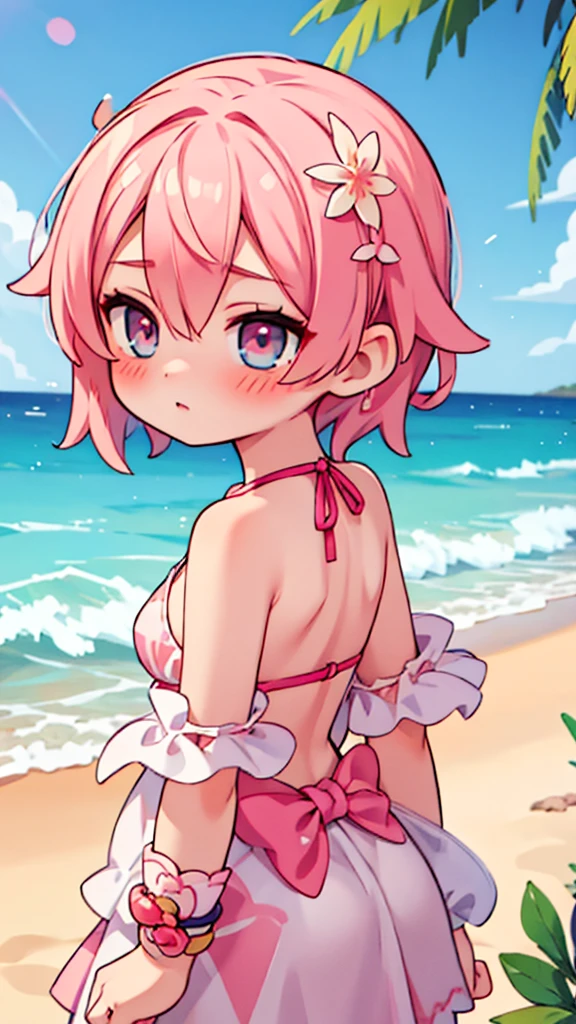 2d, masterpiece, best quality, anime, highly detailed face, highly detailed eyes, highly detailed background, beach lighting, 1girl, solo, upper body, pink hair, two piece bikini, blushing, sandy beach background, back turned 