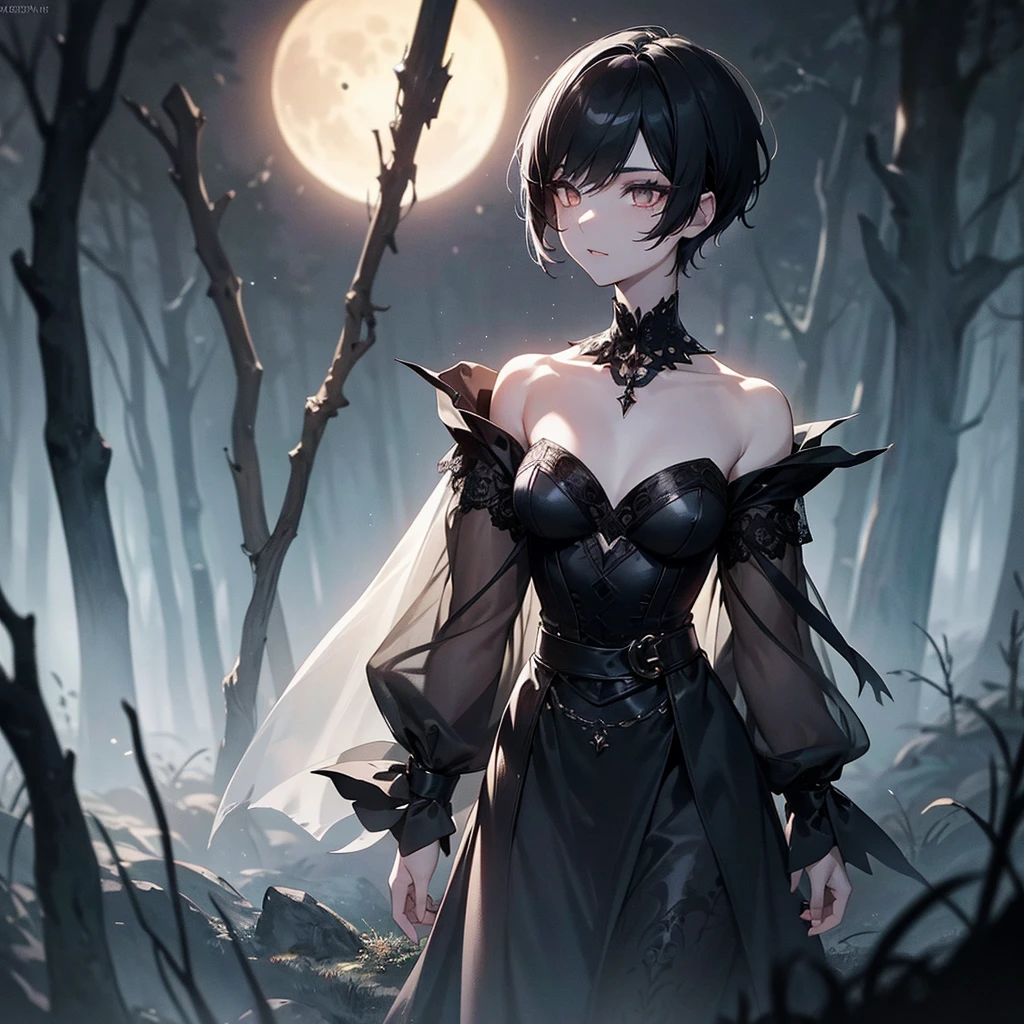 1 woman, black pixie cut hair, pale skin, small mouth, small amber eyes, witch costume, full moon in sky, dark forest backdrop, ethereal, moody lighting, cinematic, dramatic, fantasy, magic, occult, supernatural, hyper detailed, intricate, masterpiece, ultra-detailed, 8k, photorealistic, cinematic lighting, dramatic shadows