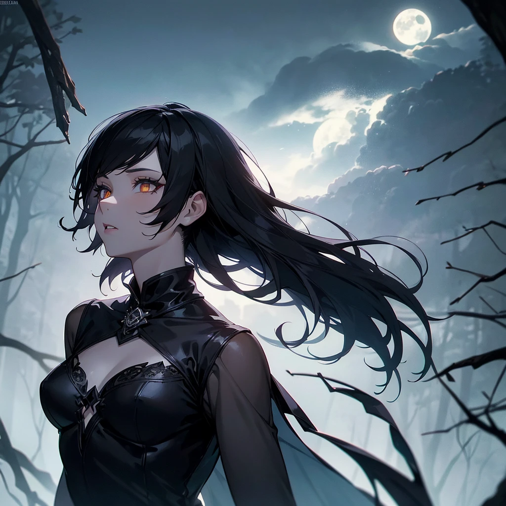 1 woman, black pixie cut hair, pale skin, small mouth, small amber eyes, witch costume, full moon in sky, dark forest backdrop, ethereal, moody lighting, cinematic, dramatic, fantasy, magic, occult, supernatural, hyper detailed, intricate, masterpiece, ultra-detailed, 8k, photorealistic, cinematic lighting, dramatic shadows
