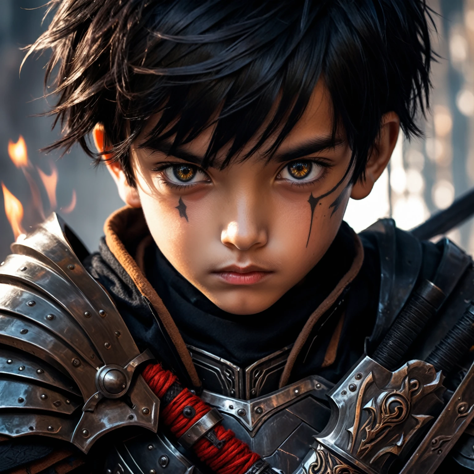 a young boy hybrid with black hair and shadowy eyes, rustic armor, flaming sword, cyberpunk concept