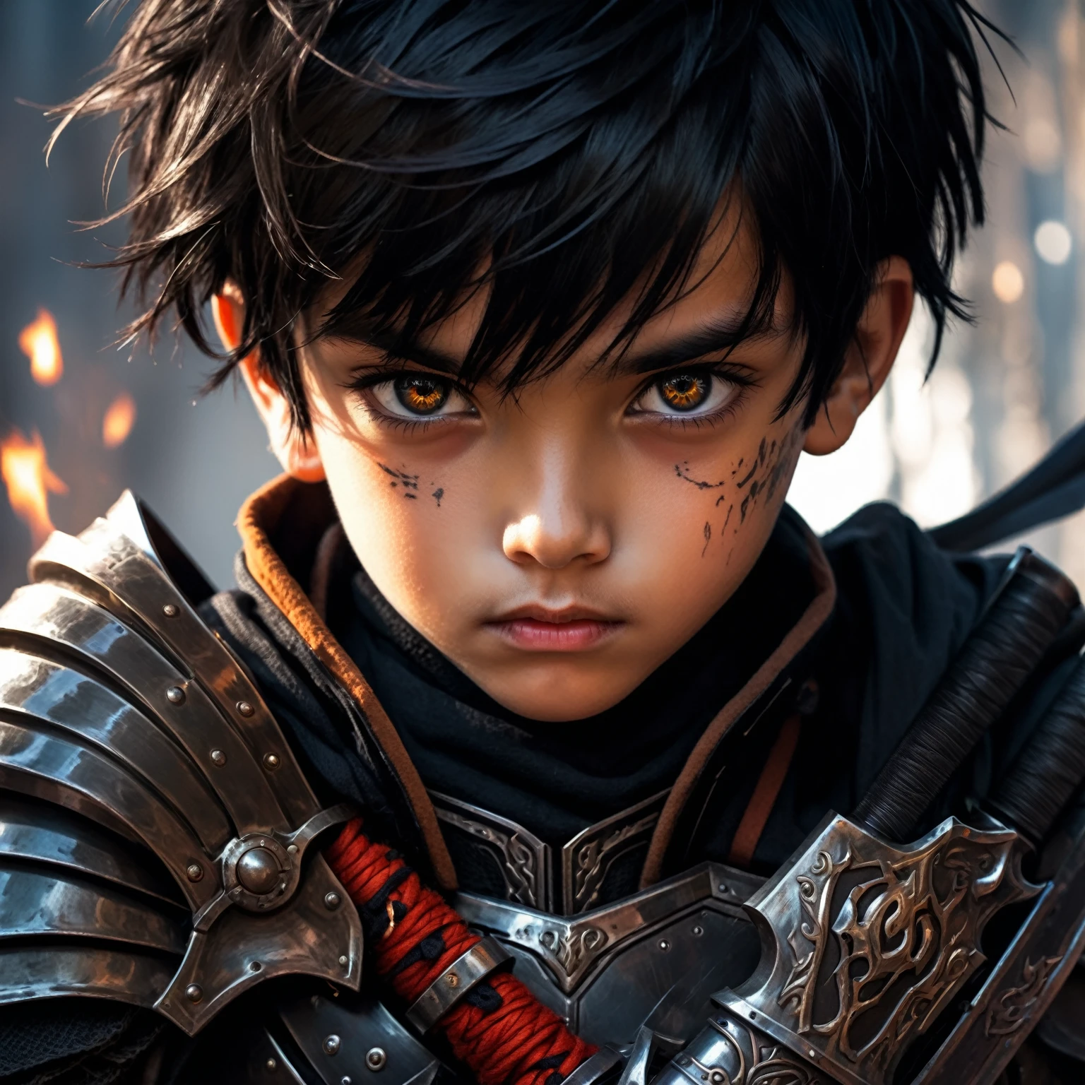 a young boy hybrid with black hair and shadowy eyes, rustic armor, flaming sword, cyberpunk concept