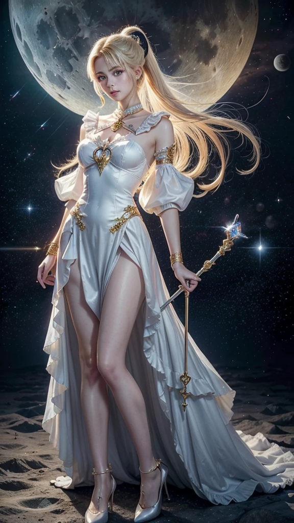 (masterpiece、Highest quality、High resolution、8K、16K)、((Alone in space、Beautiful moon Goddess、Standing posture、フローティング in the sky like a star))、((whole body))、Golden frills、White long dress、No sleeve、Adorned with vibrant jewels、Gold Bracelet、Blonde long two high pony tail hair 、Beautiful blue eyes、Elegant and detailed face、Graceful operation、Place one hand under your chest、Professional Lighting、The universe is full of light、Countless stars and nebulae、long dress, in her hands long lunar staff, Lunar scepter, two high pony tail, white dress, white skin, blue eyes, high guality, realistic picture, pretty guardian sailor moon, masterpiece, best quality, long staff, high heels, long dress with frills, two high very long pony tail, blonde hair, white skin, blue eyes, pretty detailed face, full body, realistic picture, sailor moon, 