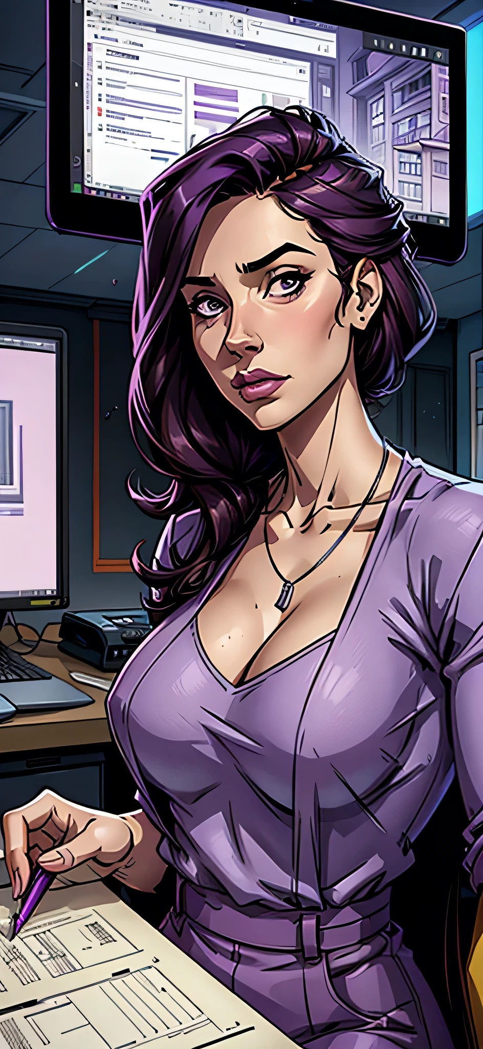 Create the image of an architect wearing purple clothes, showing clear disinterest in a smartphone. She should be holding the phone, but her focus should be on the architectural plans, sketches, or a model. The setting could be an office or a creative studio, emphasizing your dedication to your work and ideas over digital distractions. The general mood should convey your deep concentration on your projects and your disdain for the telephone.