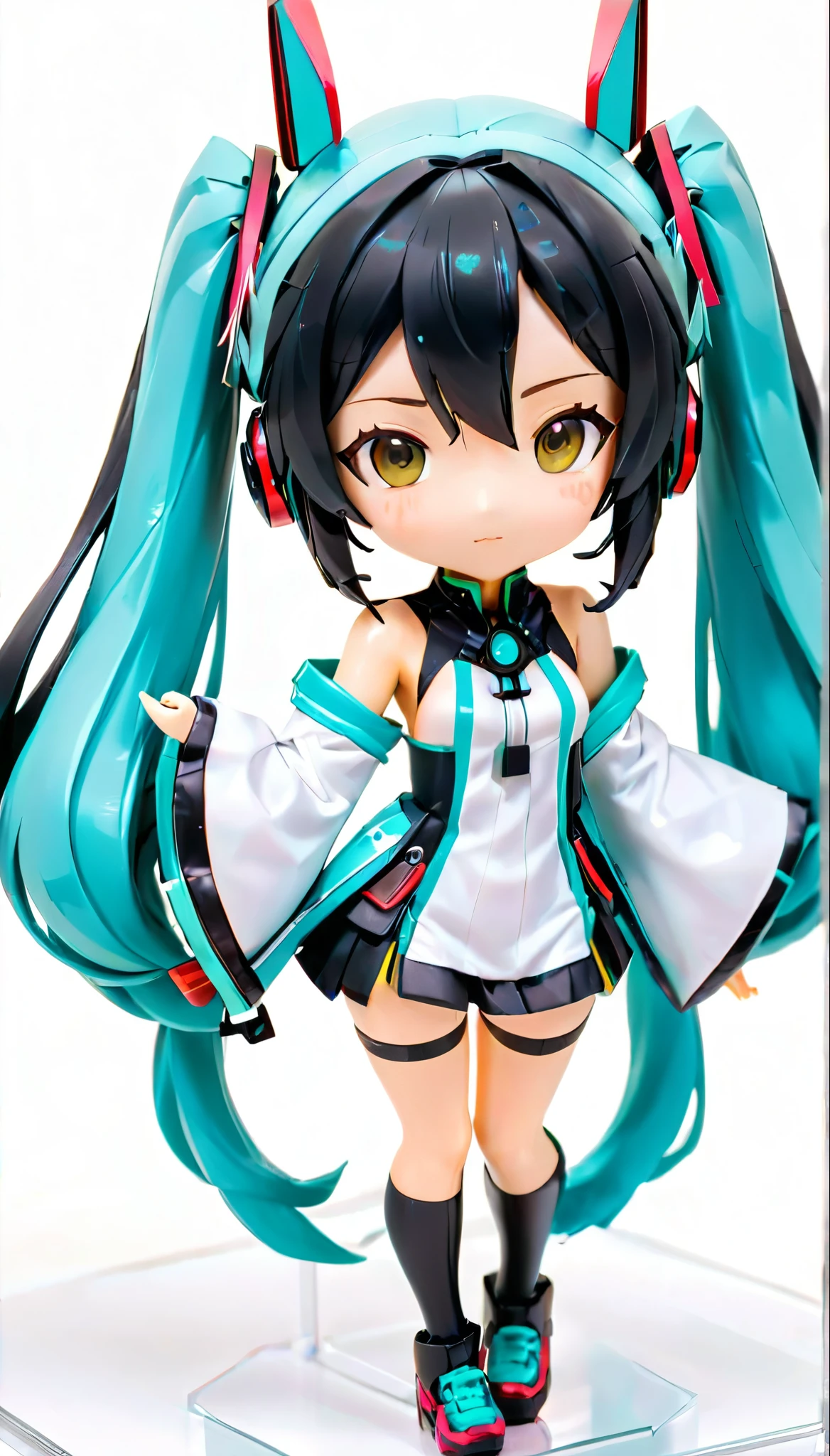 (Blind Box Toy Style:1.2),full body, solo,white background,3d、40-year-old Japanese woman、Black Hair、Hair is very short、Twin tails、Hatsune Miku Costume、Headphones、Flat Chest、8K quality、expensive、No bangs、8th life、9 heads