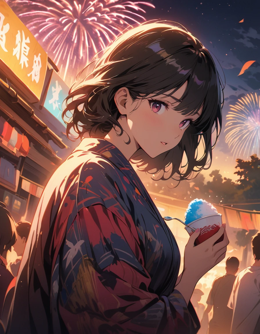 Detailed textures, high quality, high resolution, high accuracy, realism, color correction, correct lighting settings, harmonious composition. anime style, super fine illustration, highly detailed, dynamic angle, beautiful detailed, 8k, On a summer night at a lively summer festival, BREAK a woman, dressed in a cool yukata, holds a spoon and eats shaved ice with seven-colored syrup deliciously, her expression enjoyable. BREAK In the background, fireworks decorate the night sky.