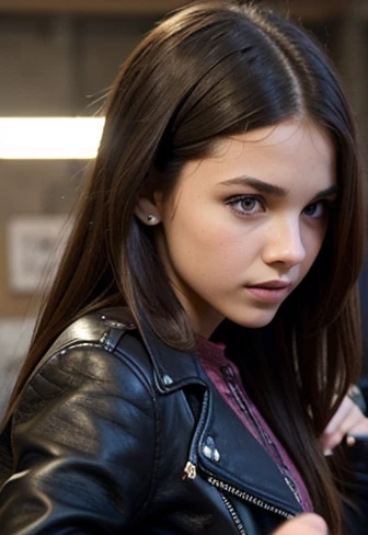 A girl in a leather jacket sticks her finger into another girl