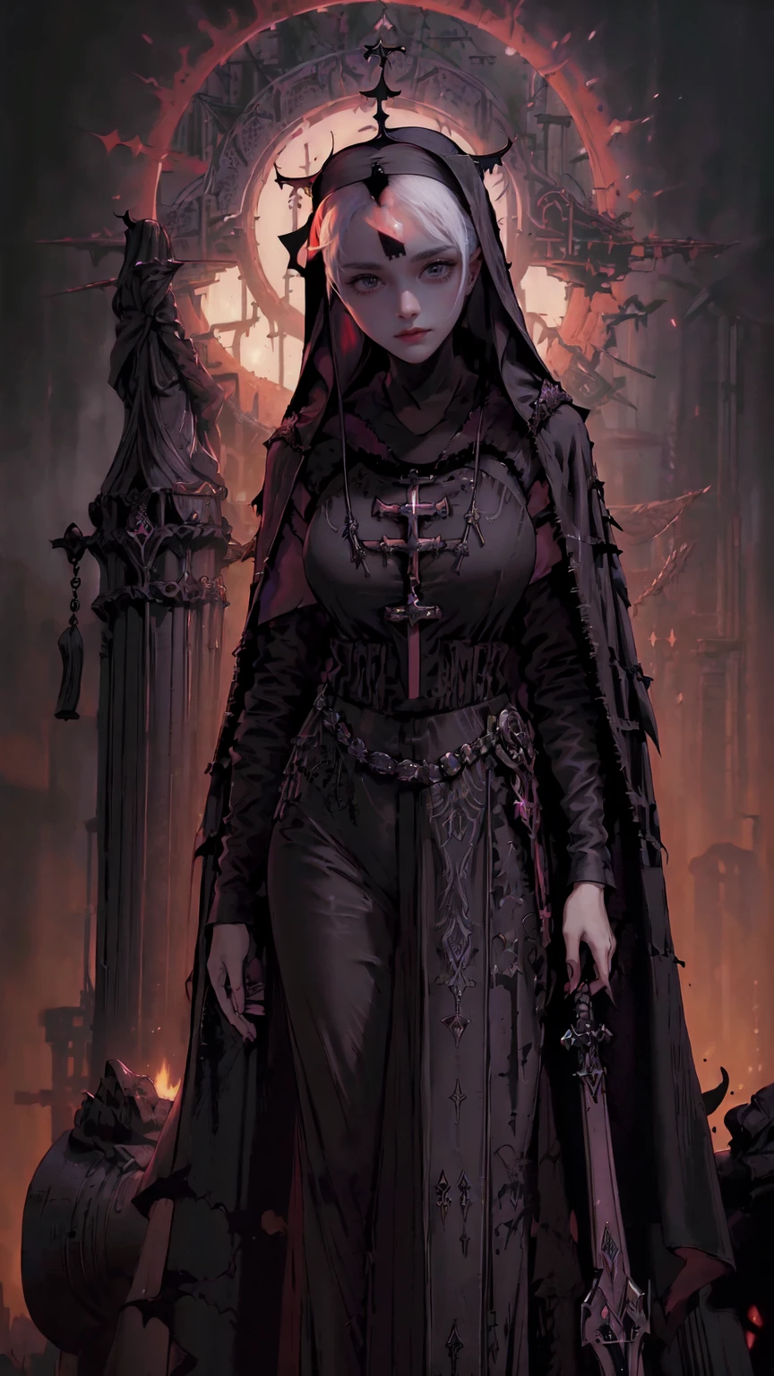 ((A masterpiece of modern digital ANIME art in 2.5 D style).(artstation in 8K).(Best image quality with high resolution).(Beautiful and skillful image composition).(Beautiful perspective of the image).(Accent in portrait style)).(Semi portrait style) ((Beautiful dark skin elven girl )),((Long hair, )),((Aesthetic body:1.4)),((Massive horns and halo on head)),((Wear an а gothic nun's robe with dark matte colors:1.3)),Dark colors of clothing ,