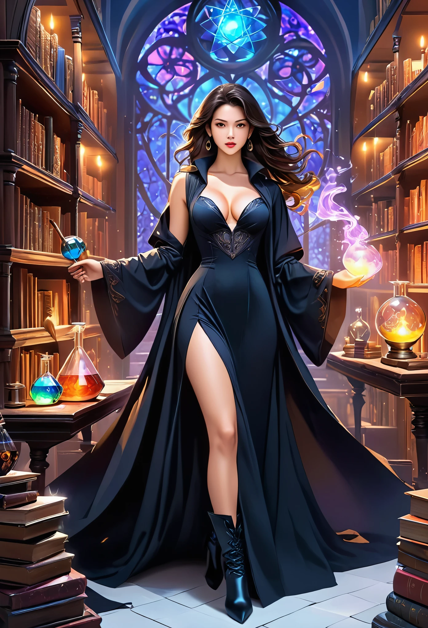 a sorceress casting a AlchemyPunkAI spell in magical library exquisite beautiful human woman ((full body shot: 1.5)), ((anatomically correct: 1.5)) (ultra detailed face: 1.2), dynamic skin complexion, dynamic hair style, dynamic hair color,  she is wearing a long dark dress, intricate dark dress, small cleavage, long white cloak, (high heeled boots: 1.3) fantasy magical laboratory, books, potions, and magical study items,  background,  vibrant, Ultra-high resolution, High Contrast, (masterpiece:1.5), highest quality, Best aesthetics), best details, best quality, highres, 16k, [ultra detailed], masterpiece, best quality, (extremely detailed) RAW,fantasy art, dnd art, fantasy art, realistic art,  (ultra details, Masterpiece, best quality), AlchemyPunkAI, Cinematic Hollywood Film