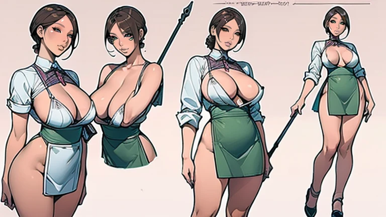 ((masterpiece)),(((best quality))),((character design sheet)), ((full body view)) illustration,Catalogue cover of Female Spearers,1girl, thick thighs, ((detailed face:1.4)) , rough sketches, between breasts,big breasts,wearing an short apron without any clothes on and spear,hair accessories,seductive grin smug,solid color backdrop, clean backdrop,