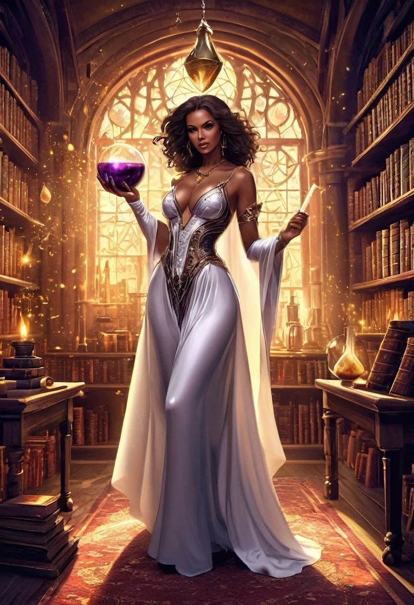 a sorceress casting a AlchemyPunkAI spell in magical library exquisite beautiful human woman ((full body shot: 1.5)), ((anatomically correct: 1.5)) (ultra detailed face: 1.2), dynamic skin complexion, dynamic hair style, dynamic hair color,  she is wearing a long dark dress, intricate dark dress, small cleavage, long white cloak, (high heeled boots: 1.3) fantasy magical laboratory, books, potions, and magical study items,  background,  vibrant, Ultra-high resolution, High Contrast, (masterpiece:1.5), highest quality, Best aesthetics), best details, best quality, highres, 16k, [ultra detailed], masterpiece, best quality, (extremely detailed) RAW,fantasy art, dnd art, fantasy art, realistic art,  (ultra details, Masterpiece, best quality), AlchemyPunkAI, Cinematic Hollywood Film