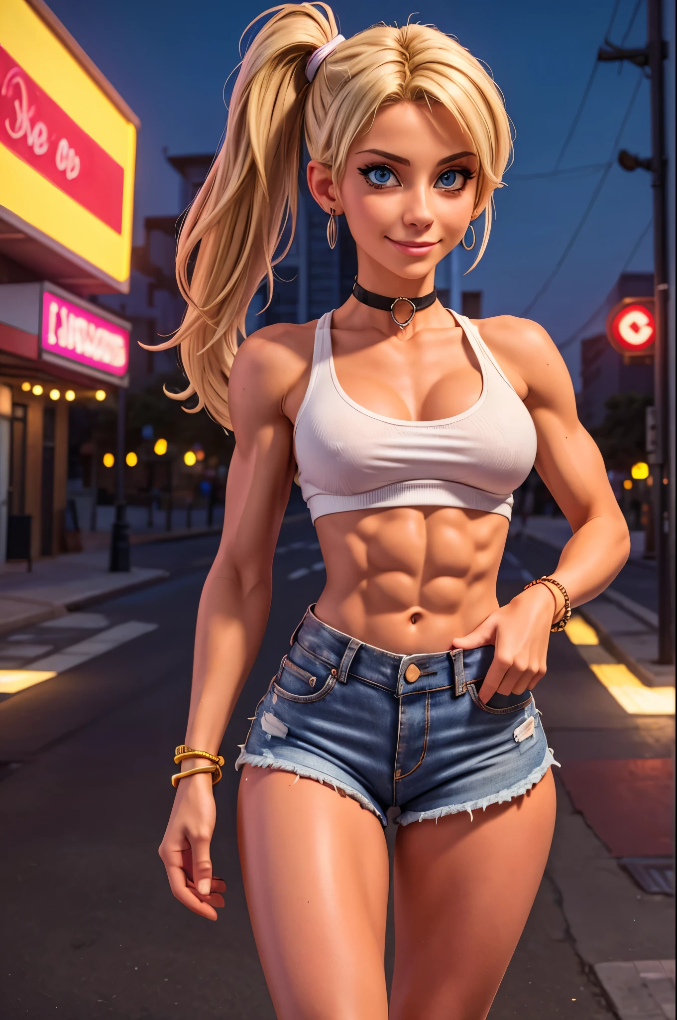 (best quality, 4k, highres, ultra-detailed, realistic:1.2), a skinny blonde girl with perky breasts, 18 years old, messy hair with a pigtail, thin body, 8-pack abs, tight fitted white tank top, earrings, choker collar, bracelets, out in the street at night, neon lights and advertising, close-up portrait, hard nipples, wearing tiny jean shorts, (unbuttoned jean shorts:1.0), smirking, slutty, thin body, skinny body, thigh-gap, (tiny waist:1.0), fit body, (fitness model), fitness bimbo