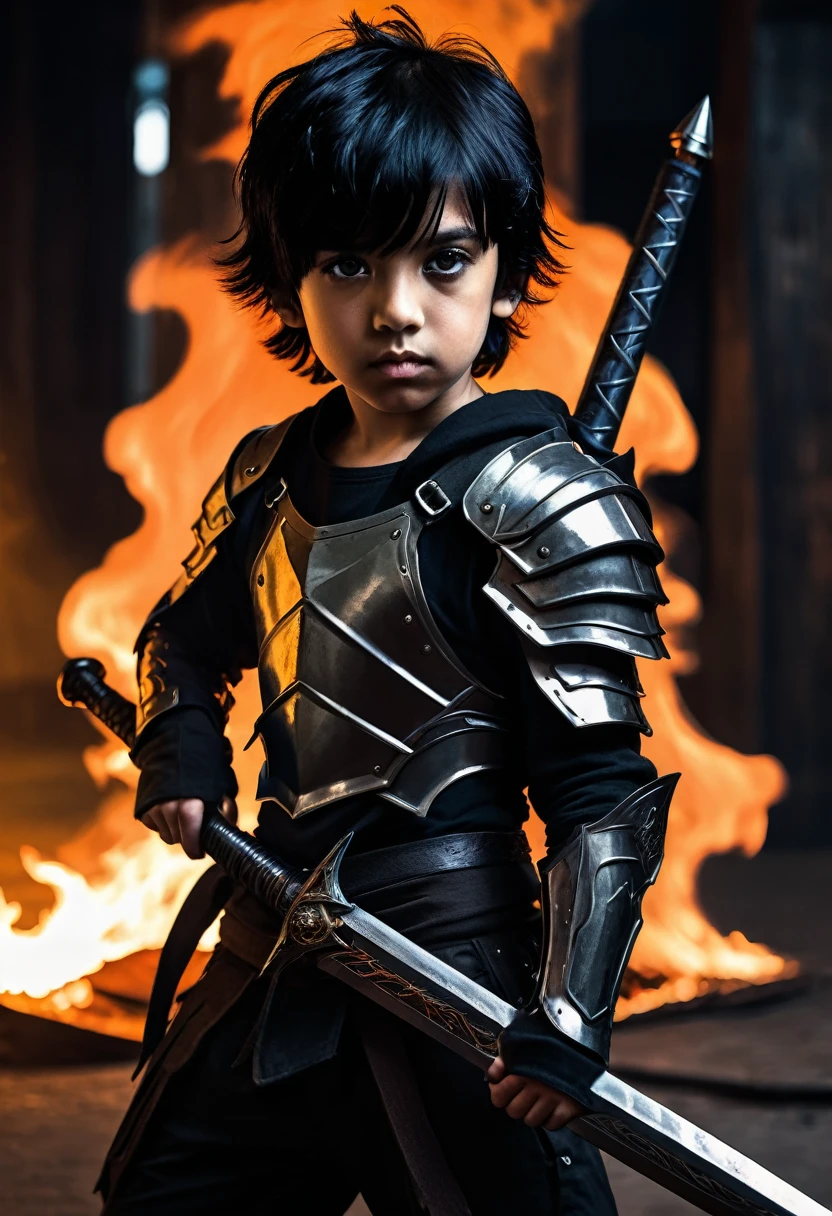 a young boy hybrid with black hair and shadowy eyes, rustic armor, flaming sword, cyberpunk concept