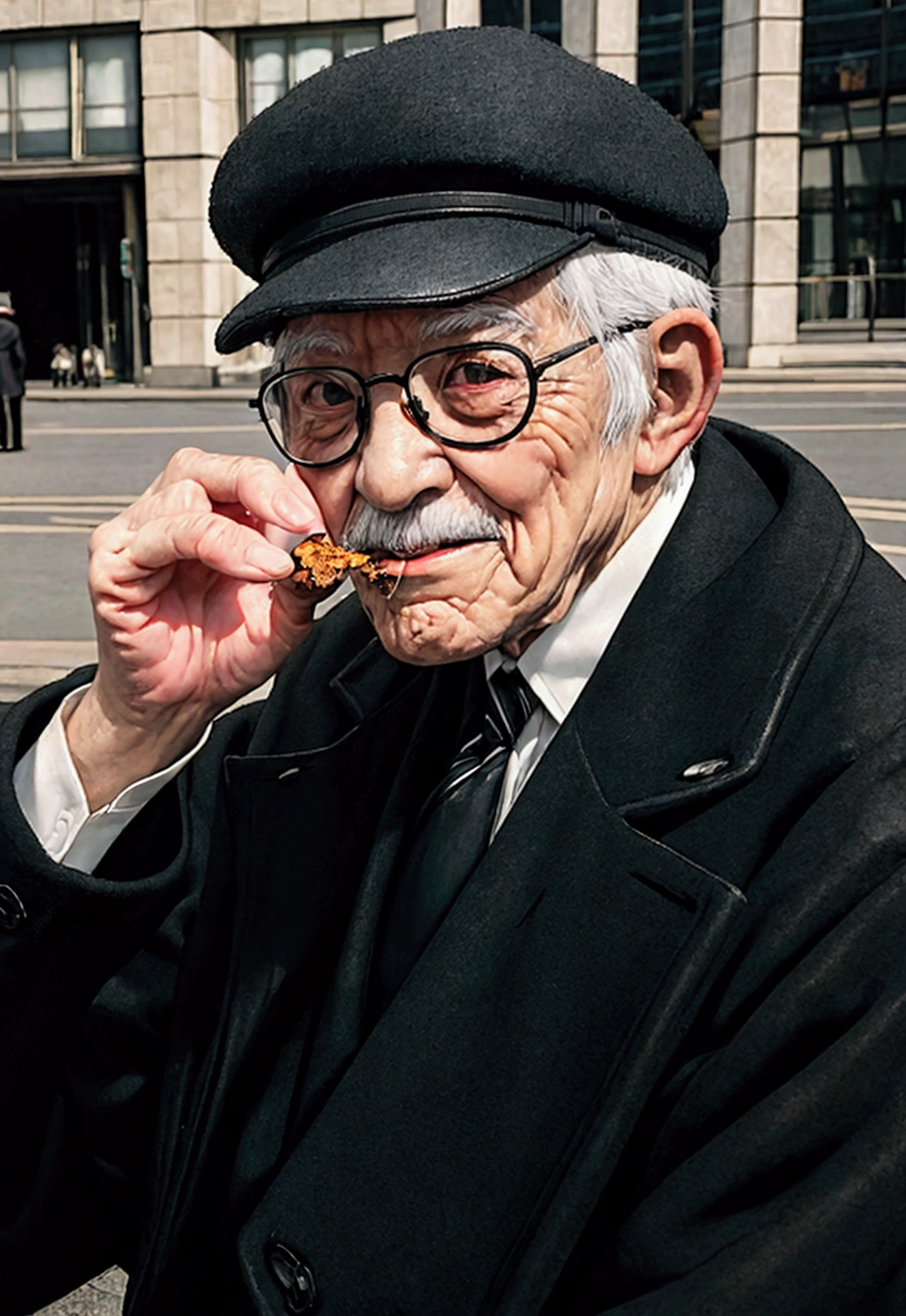 photograph of elderly man, He wears a black jacket and glasses, He is sitting feeding pigeons, detailed, realist, canon r50, lente 50mm, 4k 