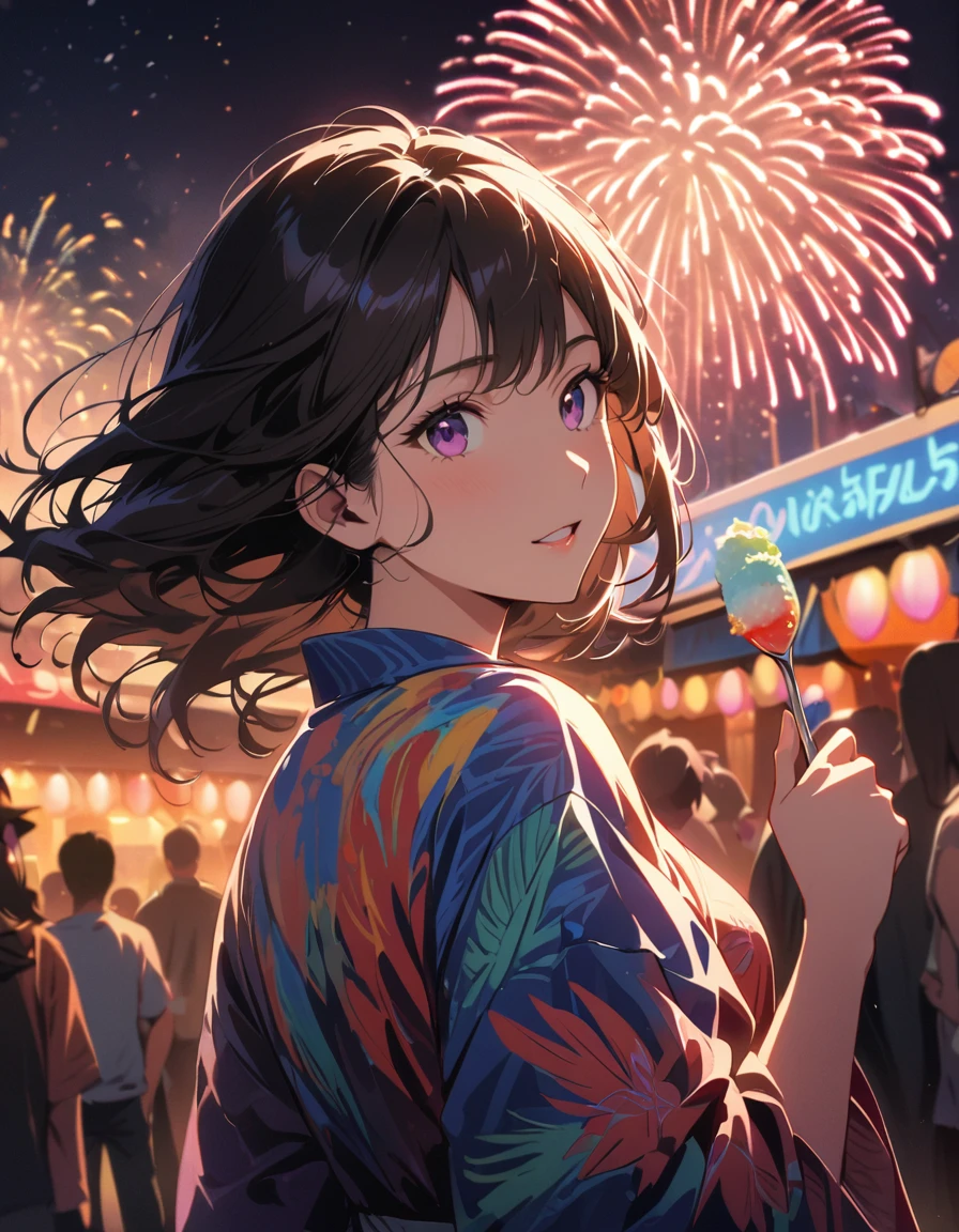 Detailed textures, high quality, high resolution, high accuracy, realism, color correction, correct lighting settings, harmonious composition. anime style, super fine illustration, highly detailed, dynamic angle, beautiful detailed, 8k, On a summer night at a lively summer festival, BREAK a woman, dressed in a cool yukata, holds a spoon and eats shaved ice with seven-colored syrup deliciously, her expression enjoyable. BREAK In the background, fireworks decorate the night sky.