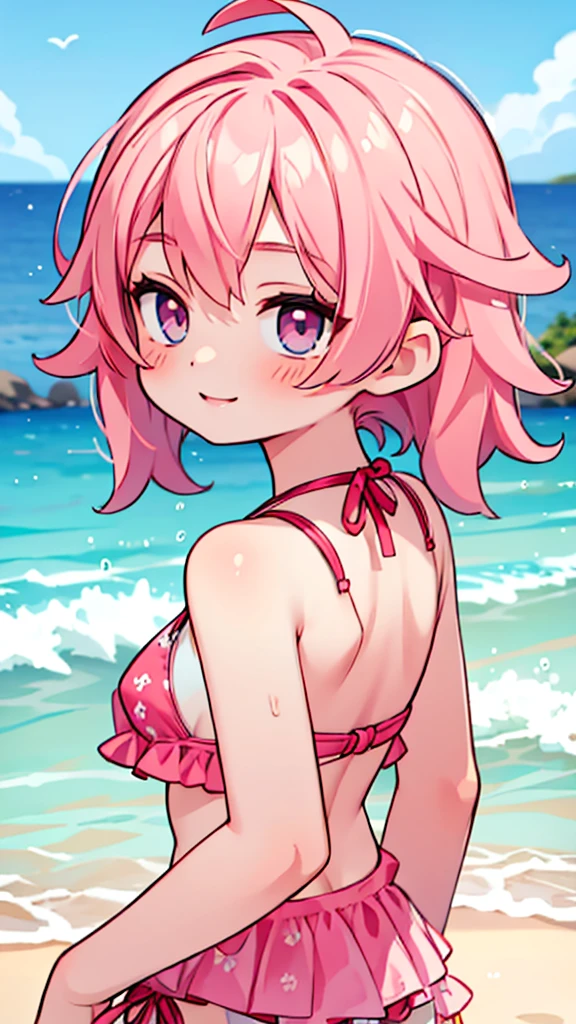 2d, masterpiece, best quality, anime, highly detailed face, highly detailed eyes, highly detailed background, beach lighting, 1girl, solo, upper body, pink hair, two piece bikini, smiling, sandy beach background, back turned
