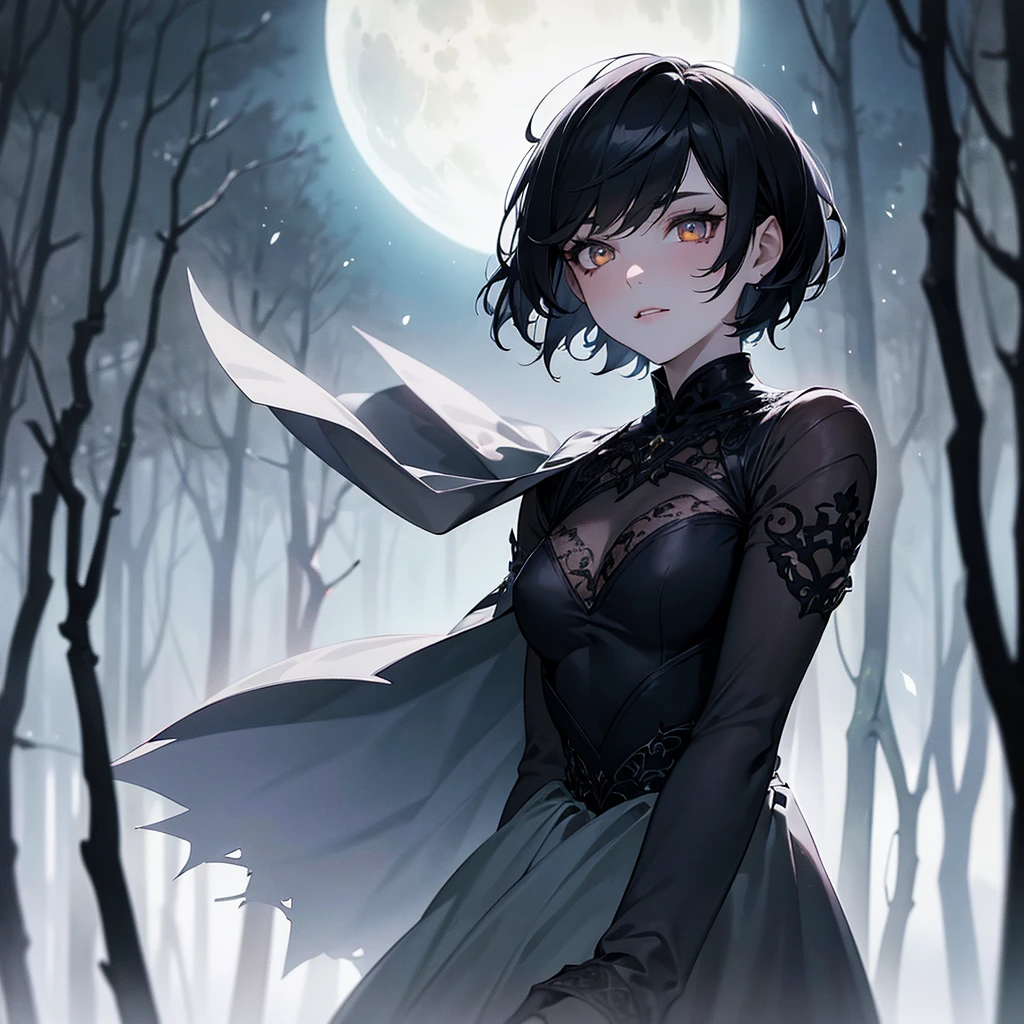 1 woman, black pixie cut hair, pale skin, delicate feminine mouth, small amber eyes, witch costume, full moon in sky, dark forest backdrop, ethereal, moody lighting, cinematic, dramatic, fantasy, magic, occult, supernatural, hyper detailed, intricate, masterpiece, ultra-detailed, 8k, photorealistic, cinematic lighting, dramatic shadows