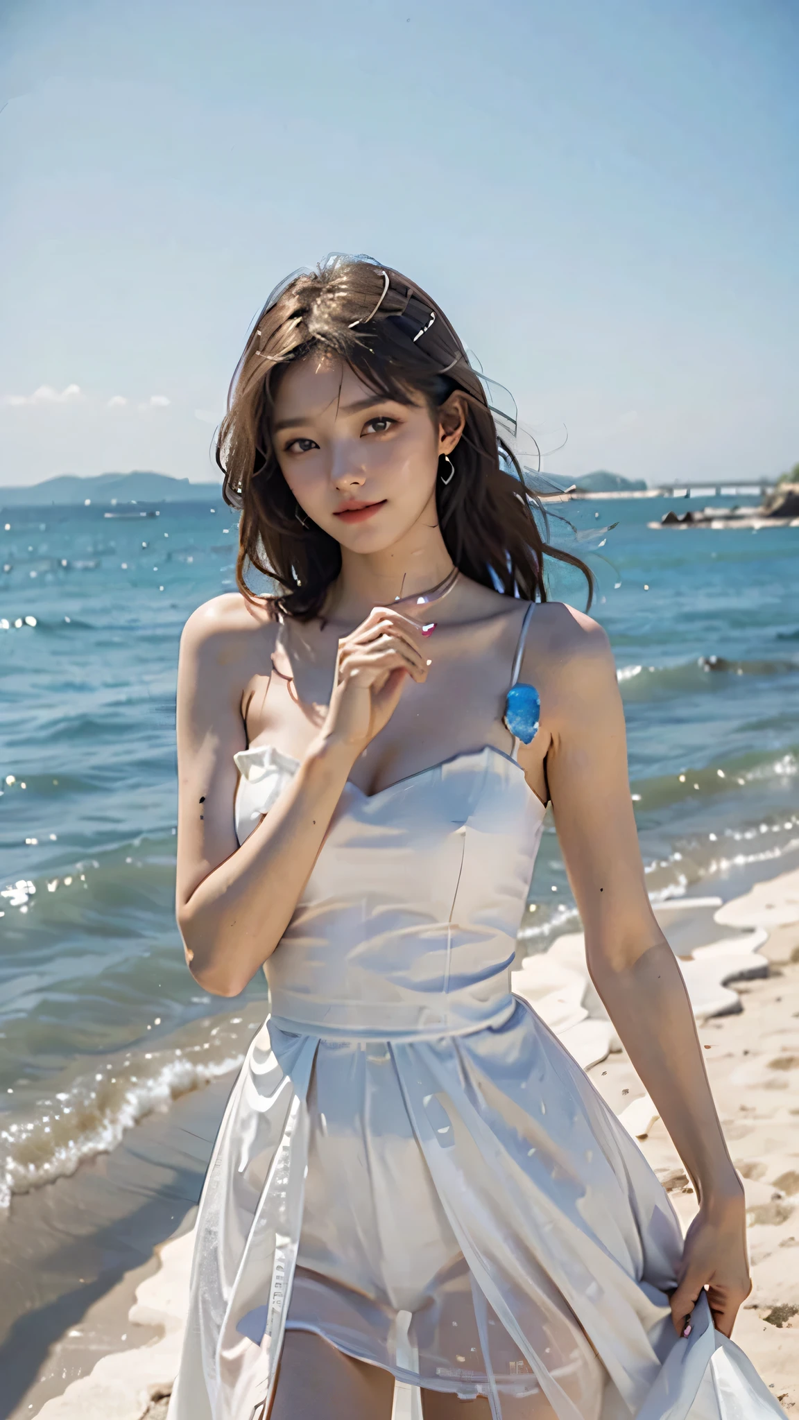 (masterpiece), ((highest quality)), (super detailed), ((very delicate and beautiful)), (incredibly absurd))), (perfect body))), 1 girl, glowing white particles, fighting, holding_sword, blonde bob, red eyes, , outdoor, sky, aura full body, big, white tattered dress, bare shoulders, small smile, sea + background, wind, perfect hands, hand details, modified fingers. Earrings, looking_at_viewer, cowboy shots, rich detail, perfect image quality