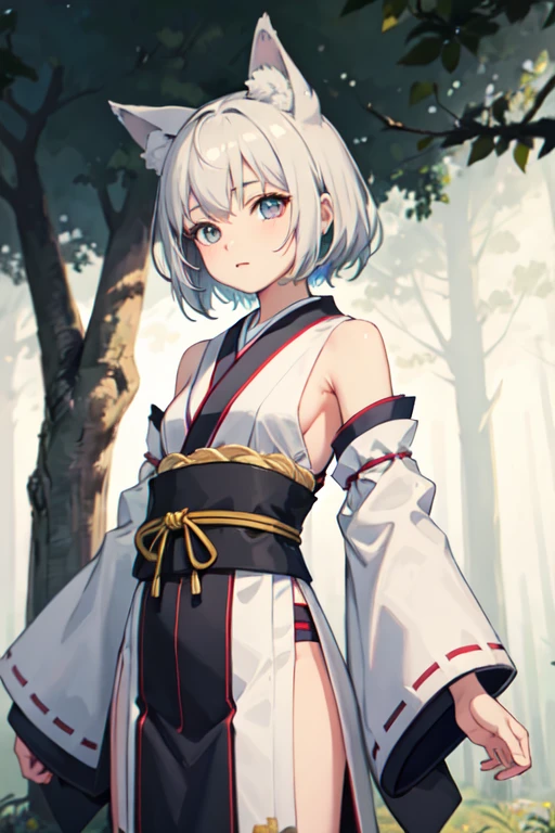 ((Highest quality)), ((masterpiece)), (detailed), This is an anime style model NSFW This is an anime style model。-yeld giwhole body、petit body、 Big eyes。Small wolf ears。Short grey hair。 White samurai No sleeves first round。The background is the forest fog